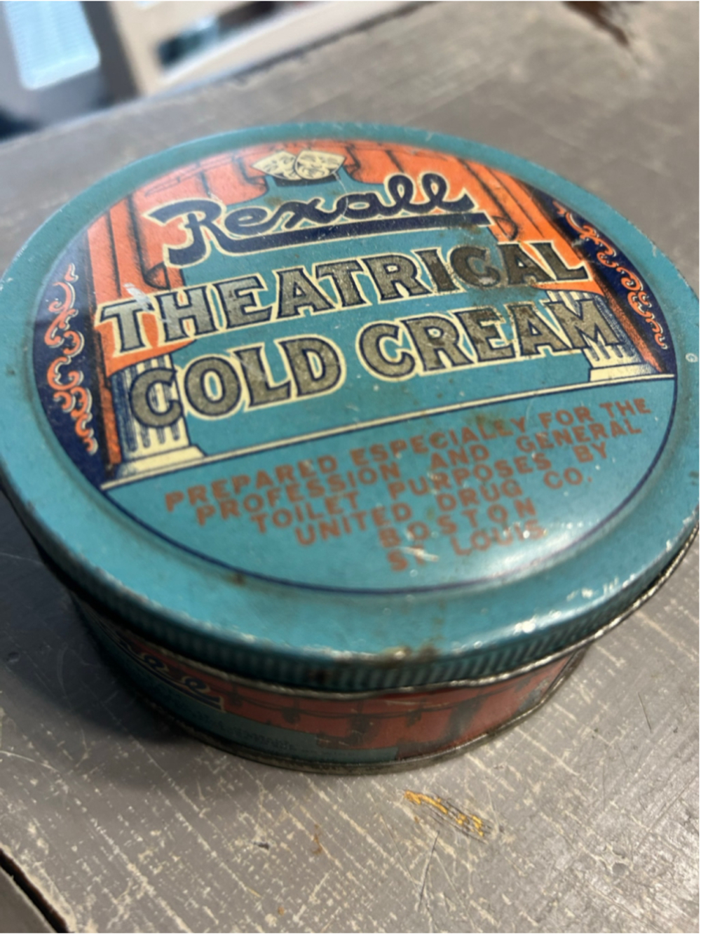 Vintage Rexall Theatrical Cold Cream Tin One Size Blue Orange